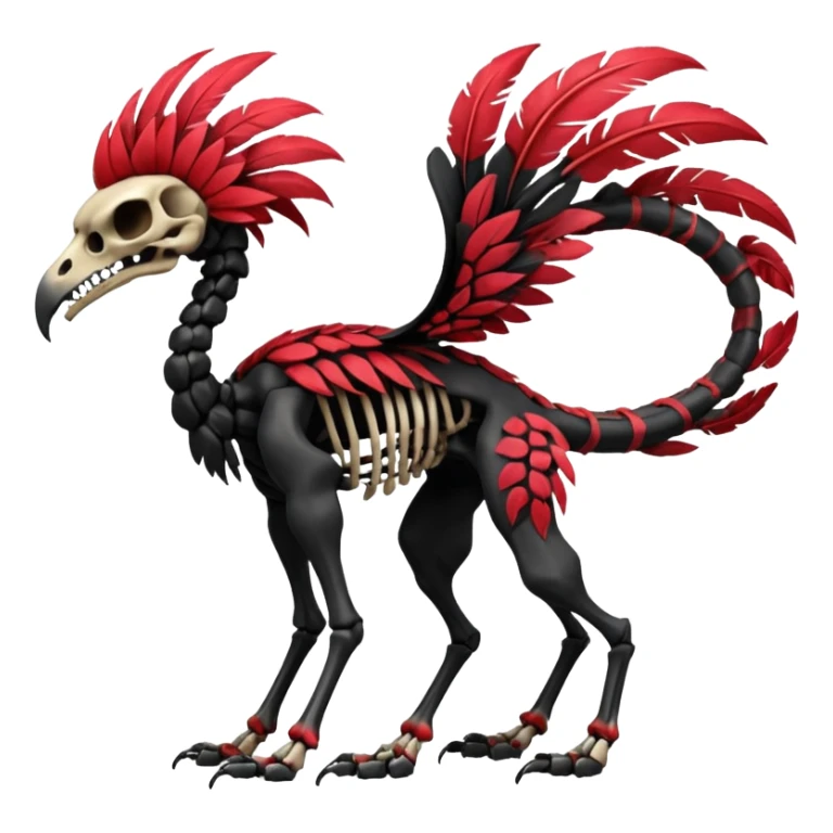 Rare realistic dark edgy tropical tribal patterned red-feathered skeletal badass epic handsome gorgeous aesthetic colorful vibrant black-skulled Vernid-Trico-species-Fakemon-creature by LiLaiRa, 4 legs, 1 tail, random markings, (full body) sticker
