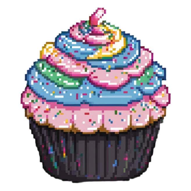 large cupcake with pink frosting and rainbow sprinkles in pixel art style sticker