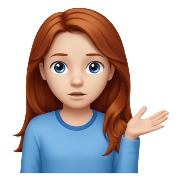 shrugging emoji tween long auburn hair light blue shirt with a darker blue L sticker