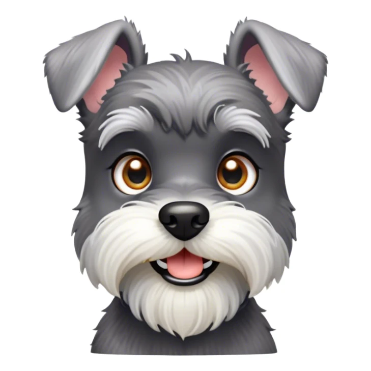 Cinematic Cute Miniature Schnauzer Portrait Emoji, Head cheerfully cocked with expressive, twinkling eyes and a neatly trimmed, adorable salt-and-pepper fur, simplified yet endearingly detailed, glowing with a bright, friendly radiance, high shine, exuding smart and spunky charm, styled with a delicate, whimsical outline, capturing the essence of a cute Miniature Schnauzer that appears ready to scamper off the screen with delightful energy! sticker