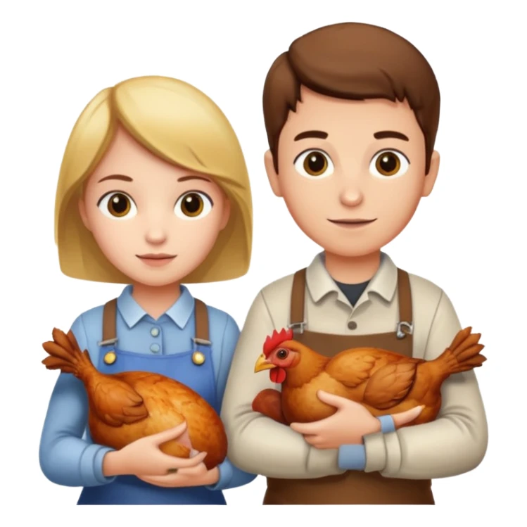 Boy and girl carrying a chicken meat sticker