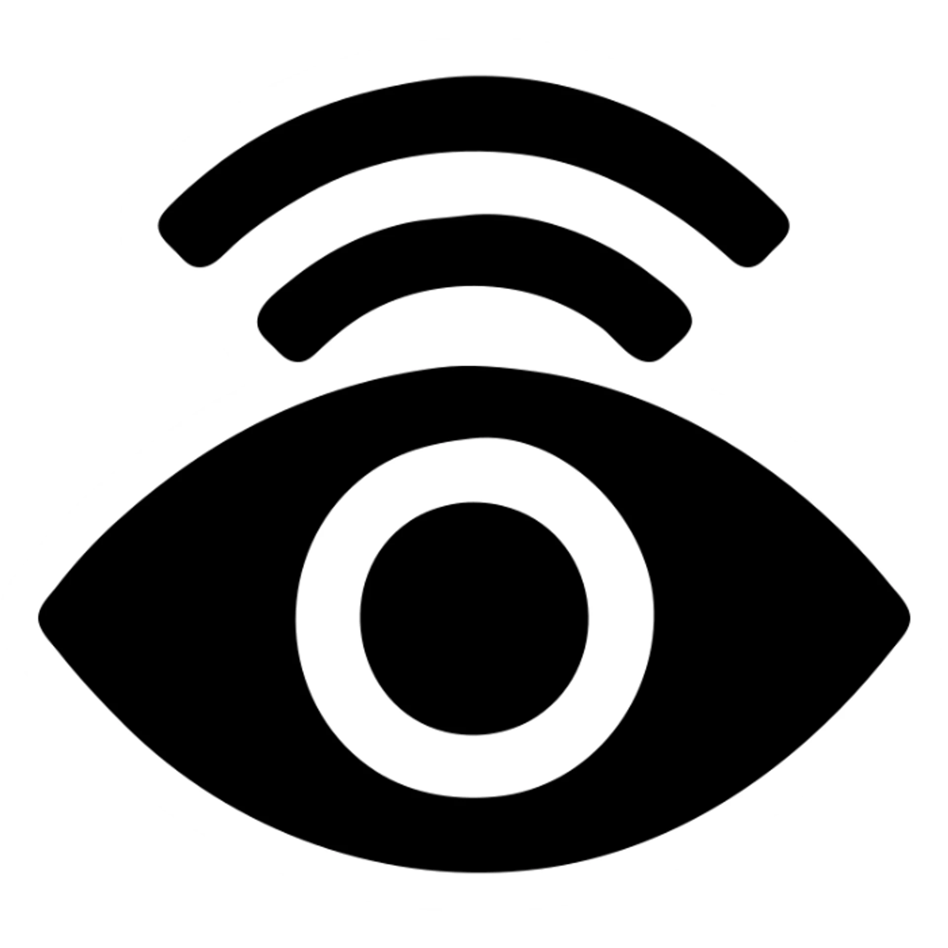 bold solid black icon logo for intelligence news channel, stylized eye combined with broadcast signal, minimal modern sticker