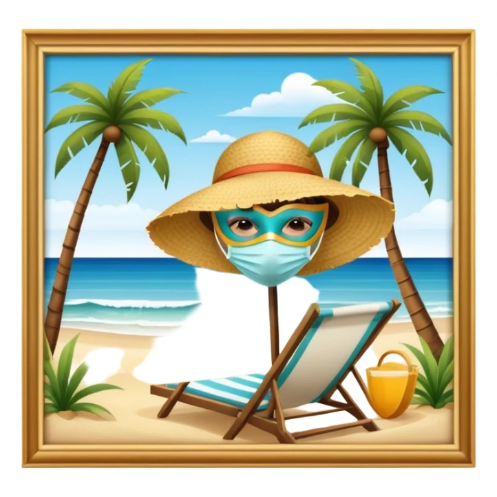 frameless Icon for Beach Tourism: a serene beach scene with palm trees, a sun hat, a mask with tube, and the ocean in the background. The icon should capture the relaxing atmosphere of a beach vacation. Transparent background. sticker