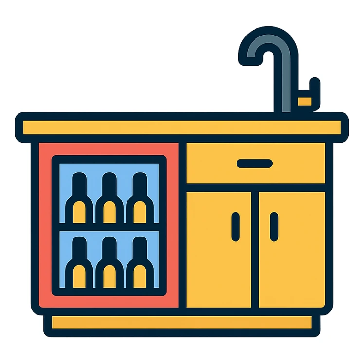 wet bar with wine fridge and sink, color outline icon style, minimal design sticker