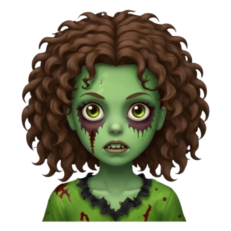 Faça uma garota zombie de cabelo cacheado castanho, olhos castanhos escuro e pele verde d zombie, com o cabelo grande sticker