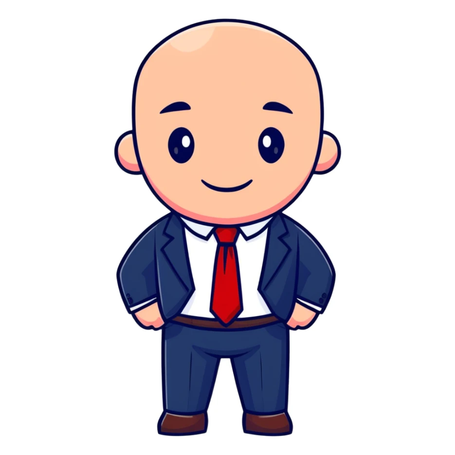 man wearing a dark blue-gray business suit with black horizontal stripes on the arms and legs, white shirt and red tie sticker