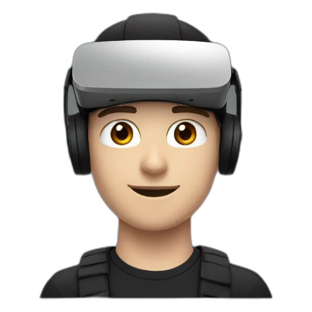 A white 19 year old guy, in a beanie, wearing a VR headset, in a black outfit with dark red accents sticker