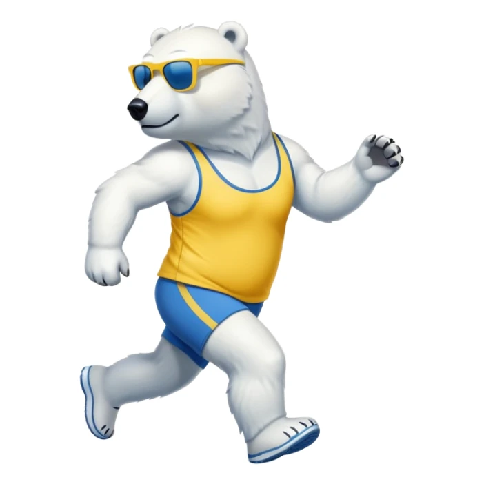 friendly anthropomorphised polar bear jogging upright, wearing blue and yellow athletic outfit and dark sunglasses sticker