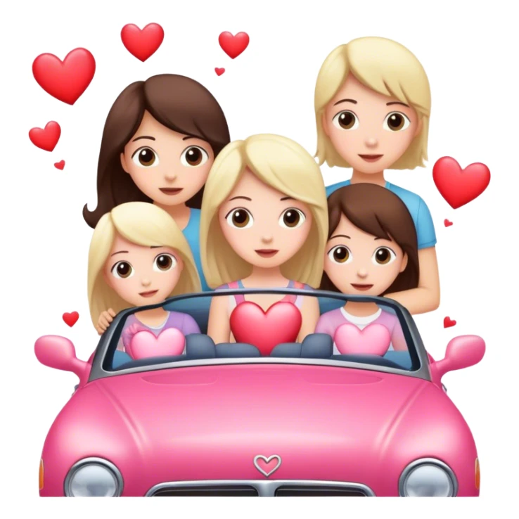 A mom, two daughters, and a brother in a convertible with hearts blowing behind the car sticker