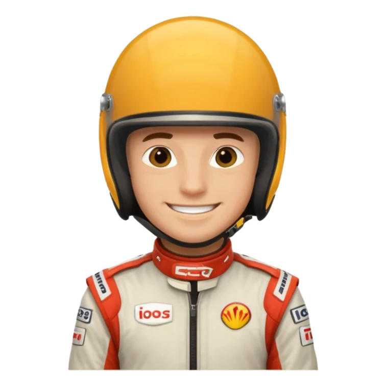 Male F1 racer, helmet on, racing suit sticker