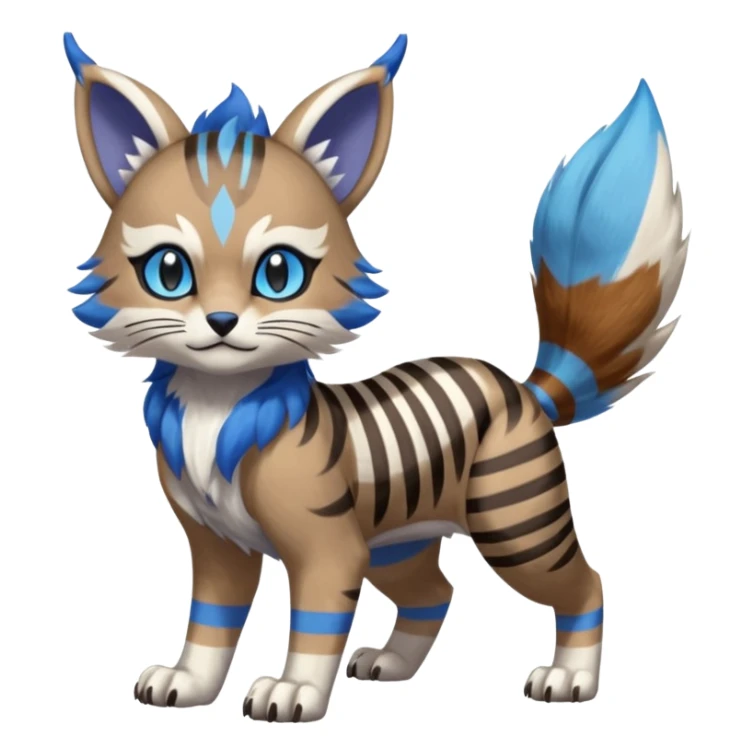 Brown and white-striped Colorful Skilled Adept Graceful Asian Painted WereGarurumon-Meloetta-Ursaring-Furret-fusion-hybrid-creature (full body) with blue rings around eyes, tufted lynx ears sticker