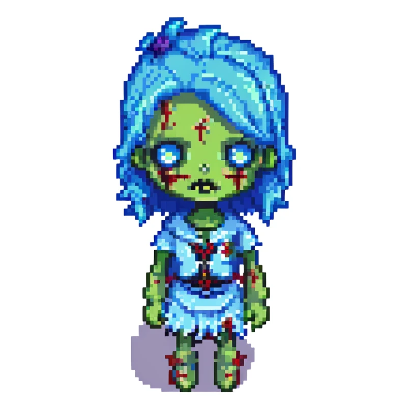 pixel art zombie girl, blue hair, stitched face, cartoonish sticker
