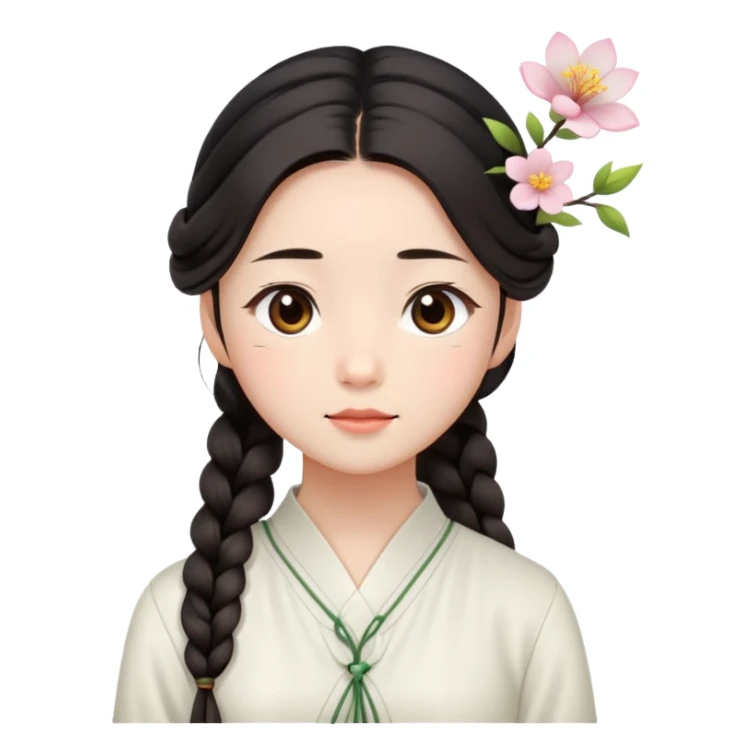  A Chinese girl with a long braid, a brown hairpin shaped , and a white blouse, breathing in the spring air. sticker