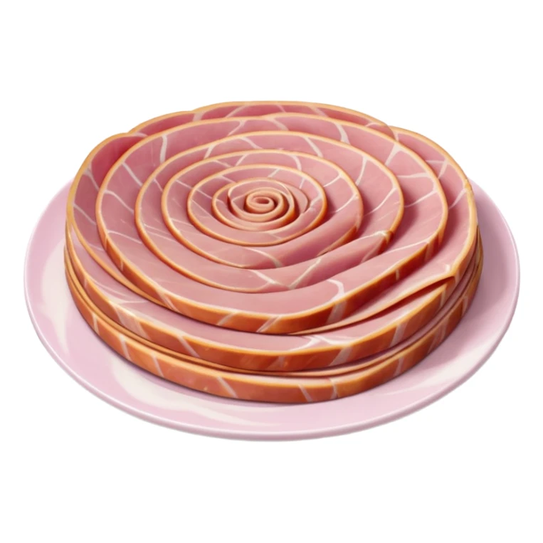 cooked ham, thin folded slices, pale pink, smooth edges, glossy moist, natural curve, gentle folds, white fat marbling, uniform delicate color, no bread, plate, packaging, or faces, clean 3D, soft shadows, transparent background, emoji scale sticker