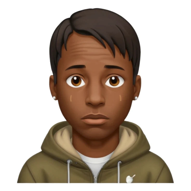 Create an iOS-style emoji of travis scott. Neutral facial expression, no emotion. Front-facing head only, clean Apple emoji aesthetic, smooth shading, simple shapes, no text, no accessories, plain background. sticker