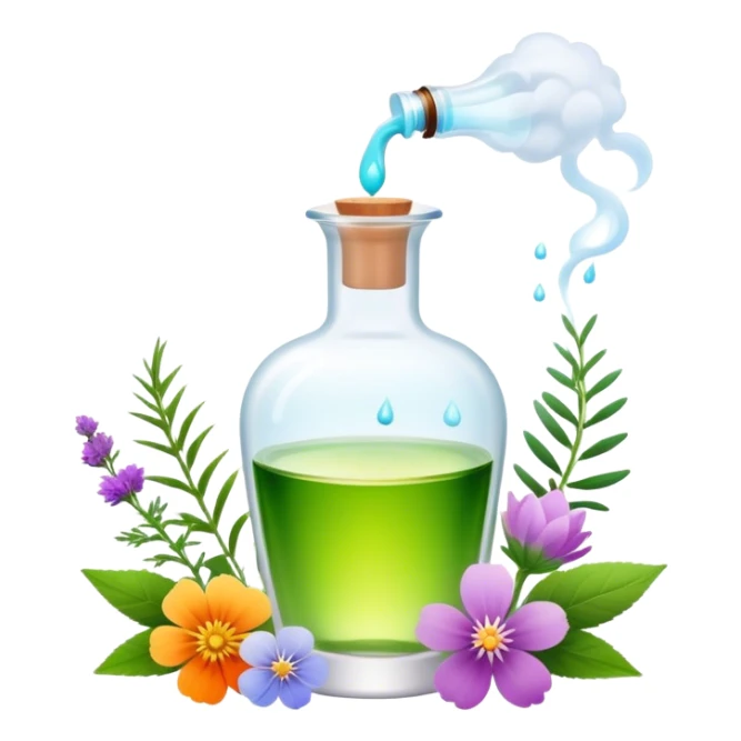 Perfume making icon, delicate glass bottle being filled with colorful essential oils from droppers, swirling mist rising from the bottle, flowers and herbs nearby, minimalistic style, clean lines, transparent background. sticker