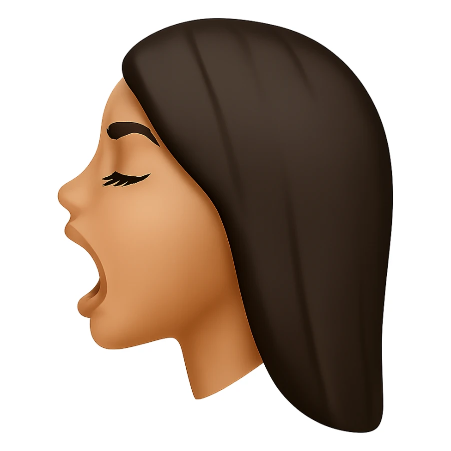 Create a side view (profile) of this woman's head in the normal iPhone emoji style, with closed eyes, long eyelashes, mouth open wide, smooth shading, no outlines, long dark hair, and lips clearly visible. Variant 3. sticker