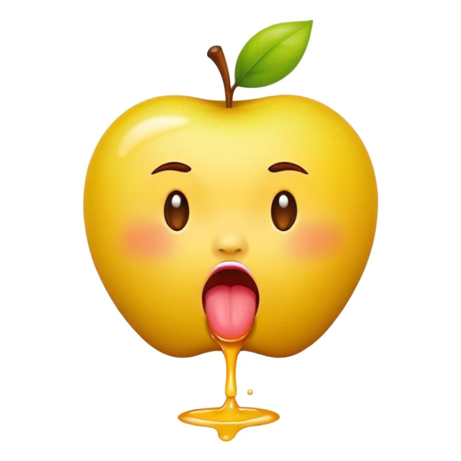 classic yellow apple emoji, big pouting lips, tongue out, spit flying sticker
