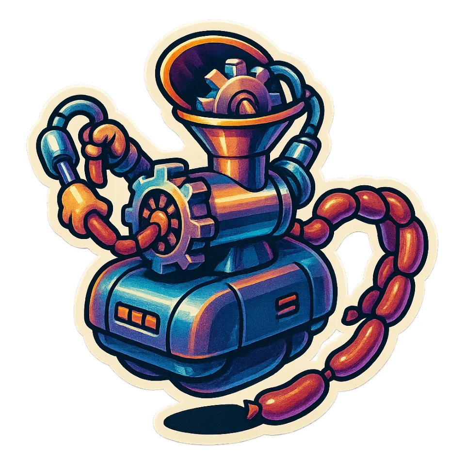 sausage-processing droid. retro-futuristic style. top is a circular industrial meat grinder with rotating gears and blades. Two robotic arms feed material into grinder. Sausage links extrude from the rear like  factory. The body is metallic, compact, and floats above the ground.no legs. Dark humor sticker