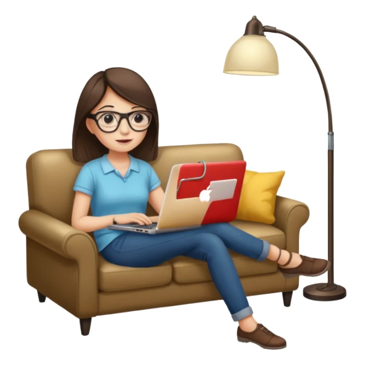 A girl is working with a laptop while lying on a sofa, with a floor lamp to the right. sticker