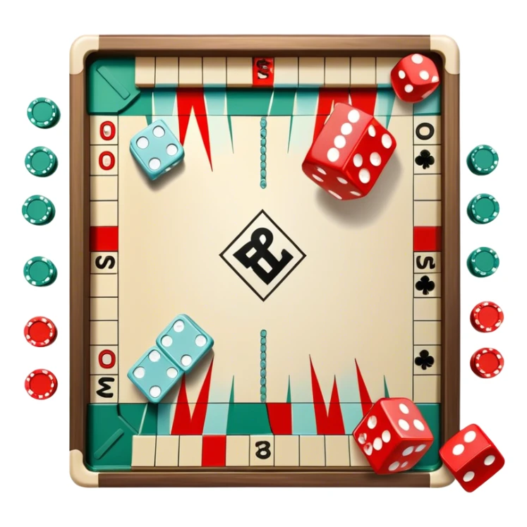A photorealistic icon featuring a backgammon board with dice, a Monopoly board with money and property cards and a Game of Life spinner. The design captures the detailed textures of the boards, pieces, and accessories. Transparent background. sticker