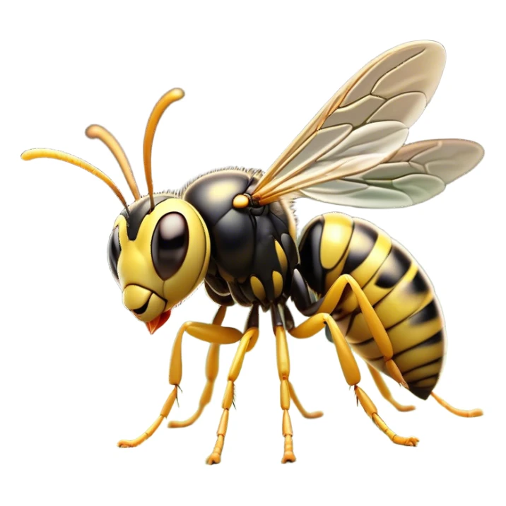 Cinematic Cute Wasp Portrait Emoji, Head tilted playfully and inquisitively, featuring a compact, delicately striped body with softened, endearing eyes and petite, translucent wings, Simplified yet irresistibly adorable features, highly detailed, glowing with a warm, inviting glow, high shine, affectionate and lively, stylized with a touch of whimsical insect charm, soft glowing outline, capturing the essence of a mischievous wasp that seems as if it could buzz out of the screen with a playful wink! sticker