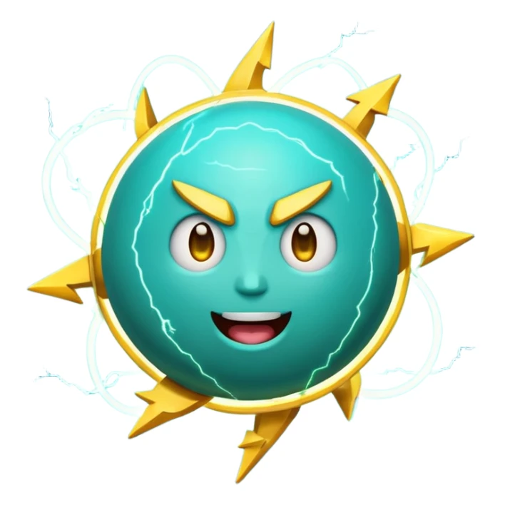 Uranus planet emoji in Apple-style, blue-green with dynamic rings, a large, fun, excited, and expressive face, and a big yellow lightning bolt in front, symbolizing chaotic and unexpected energy sticker