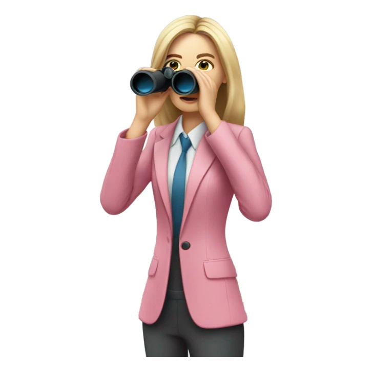 white female employee in pink suit using binoculars with long loose hair looking like secretary. must be like a portrait sticker