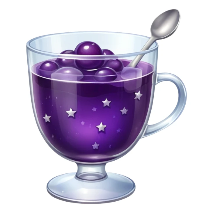 A shiny grape jelly dessert in a clear glass cup with a silver spoon, wobbly texture, little stars around it. sticker