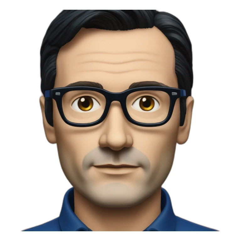 photo realistic Ralf Hutter from Kraftwerk, short straight black hair, black glasses, Dark Blue T-shirt sticker