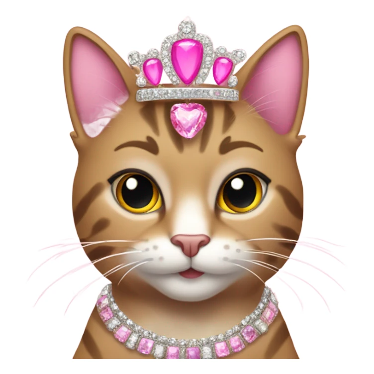 Tabby cat, big lashes, a pink tiara, glittery pink claws, glittery jewelry and earrings sticker