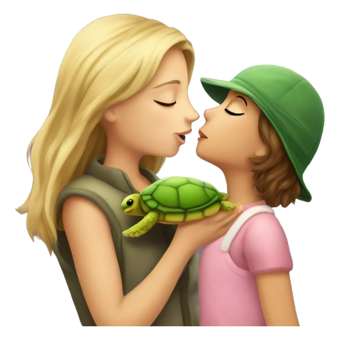 European girl kisses little turtle sticker