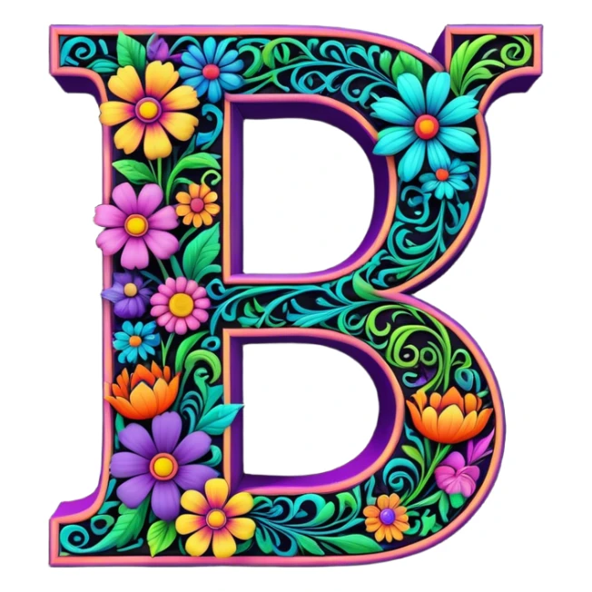 3D, gothic style psychedelic colored Letter D with hippie style flower border sticker