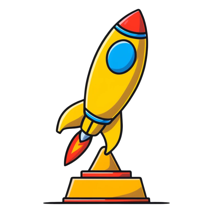 Golden rocket achievement award, shiny gold rocket on a trophy stand sticker