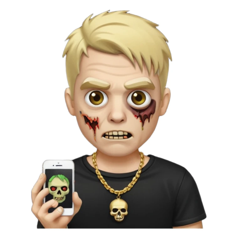 make a iphone emoji who is a zombie man with medium blonde hair with light brown roots, with a black punk shirt and a golden neckless sticker