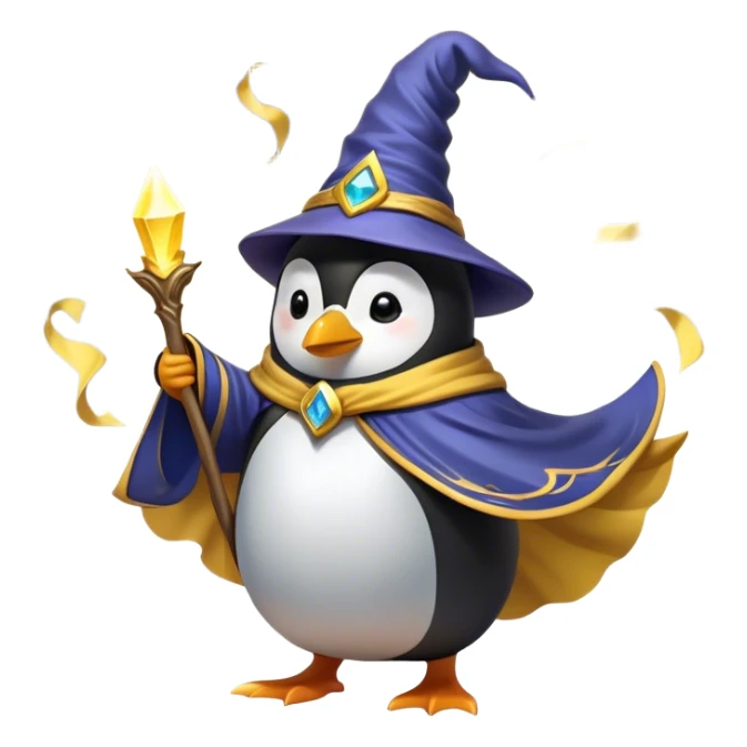 "A wizard penguin with a yellow hat and a long, flowing cape. The penguin is floating slightly above the ground, surrounded by swirling magical energy and glowing runes in the airyellow wizard hat sticker