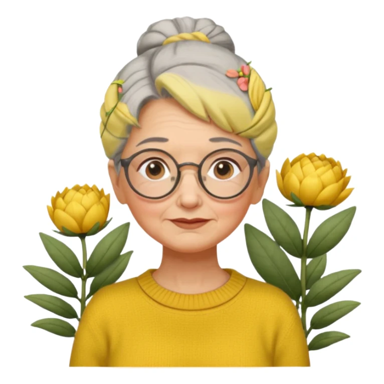 Abuela con cabello canoso en moño, expresión tierna, gafas redondas, suéter amarillo y detalles relacionados con plantas. Estilo amable y acogedor. sticker