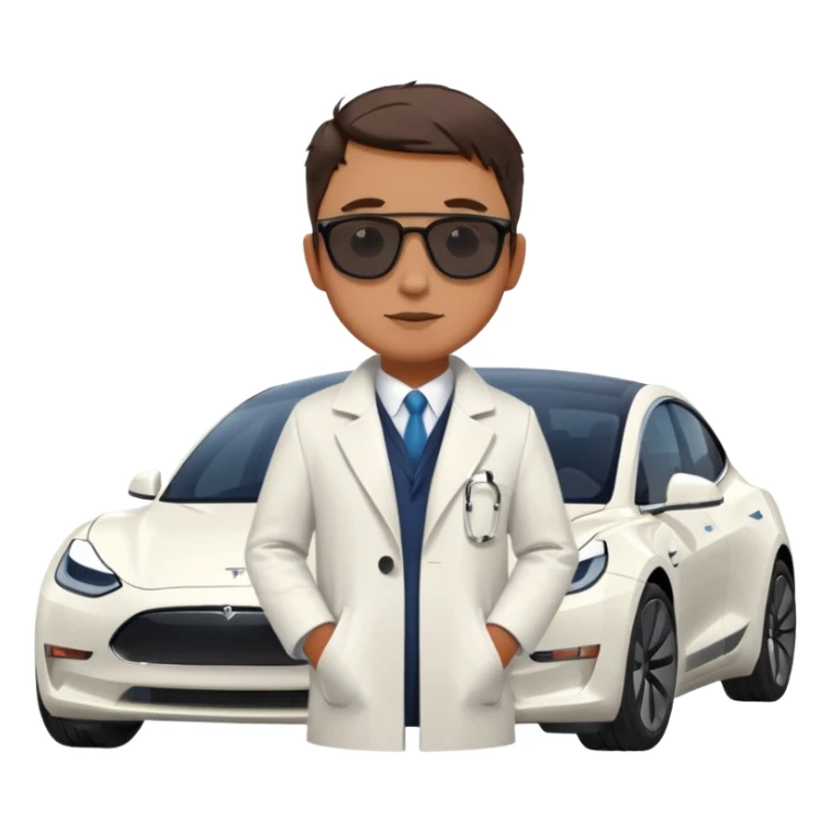 White tesla model 3 with a physician with sunglasses next to it sticker