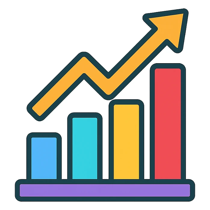 modern icon of an upward growth arrow with a bar chart, visually explaining company growth or investment returns sticker