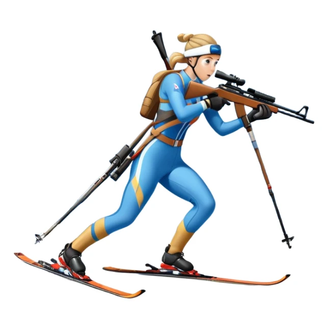 An icon featuring snow-covered trees, distant mountains, and a clear blue sky with a biathlete in motion, holding a rifle and skiing across a snowy course. Transparent background highlights the precision, endurance, and excitement of biathlon. sticker