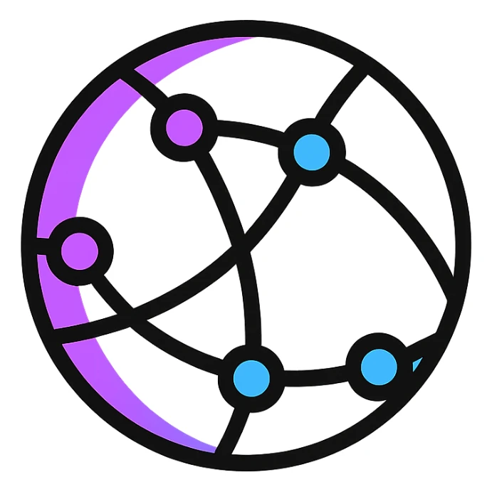 minimalist abstract icon of a global internet network, circular web of neon violet and blue lines connecting points, radiating from center, on white background, designed for clarity at small size sticker