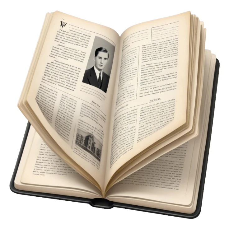 Icon for Non-Fiction & Narrative Reading: an open book with historical facts and narrative text on the pages, featuring black-and-white photos, news clippings, and an open folder with top-secret documents. Transparent background. sticker