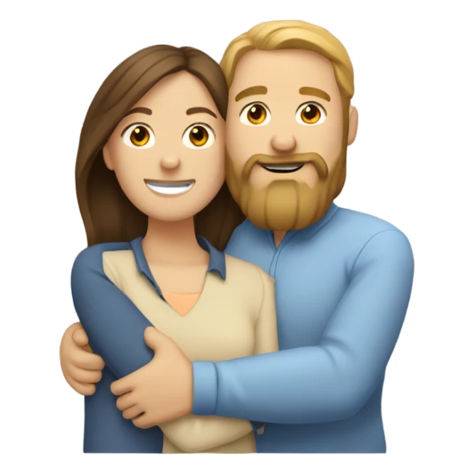 Two brunette white women hugging a brunette white male with a beard sticker