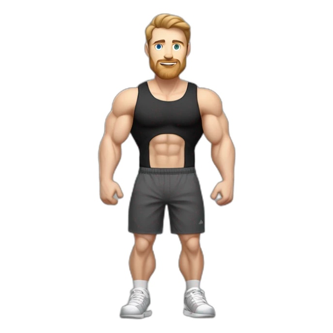 Full height Pale skinned fit man With biceps, Realistic eyes and mouth, light brown hair and stubble In dark gray sleeveless mike, black oversize sports shorts, watch and white sneakers. sticker