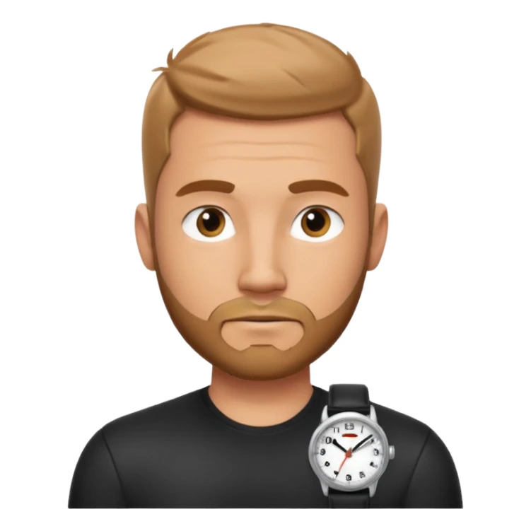 bearded man wearing a black strap watch portrait, head and shoulders only, oval face, short beard, relaxed confident look, black leather strap watch visible, 3D cartoon, mobile game icon style, clean background, no text, no watermark
 sticker