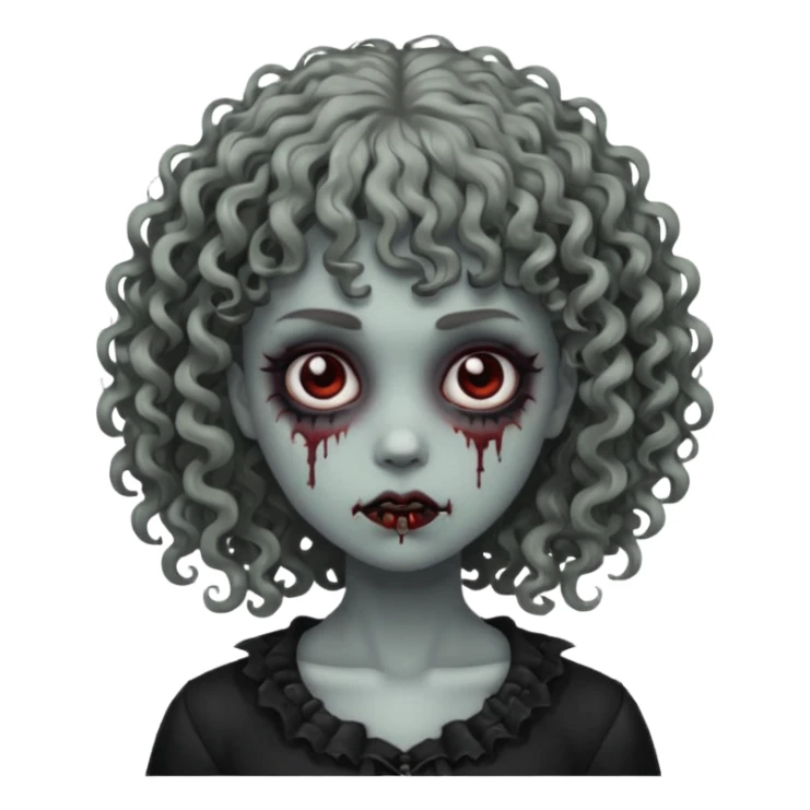 Faça um emoji de zumbi mulher, cabelo cacheado e franja cacheada, deixe ele com a estética meio gothic sticker