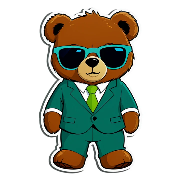 Half Teddy bear with a warm green suit and sunglasses in green instead or blue sticker
