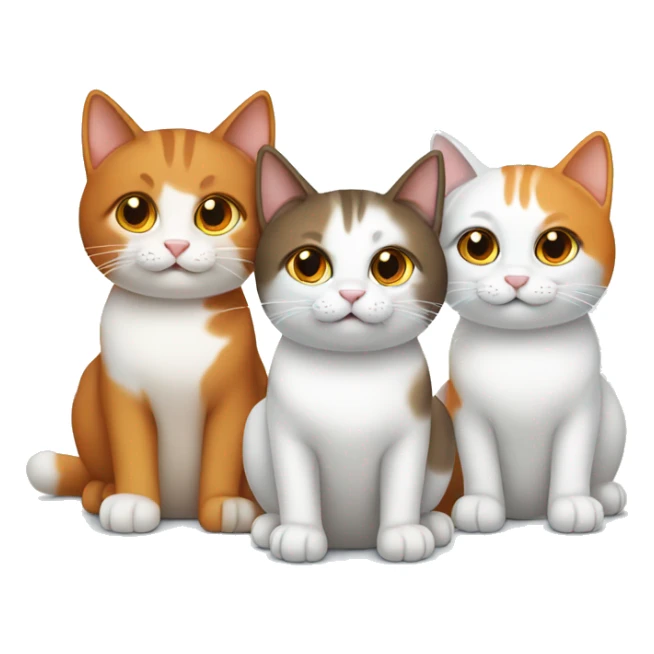 Three cats sitting together one brown, one fully white, one orange and white sticker