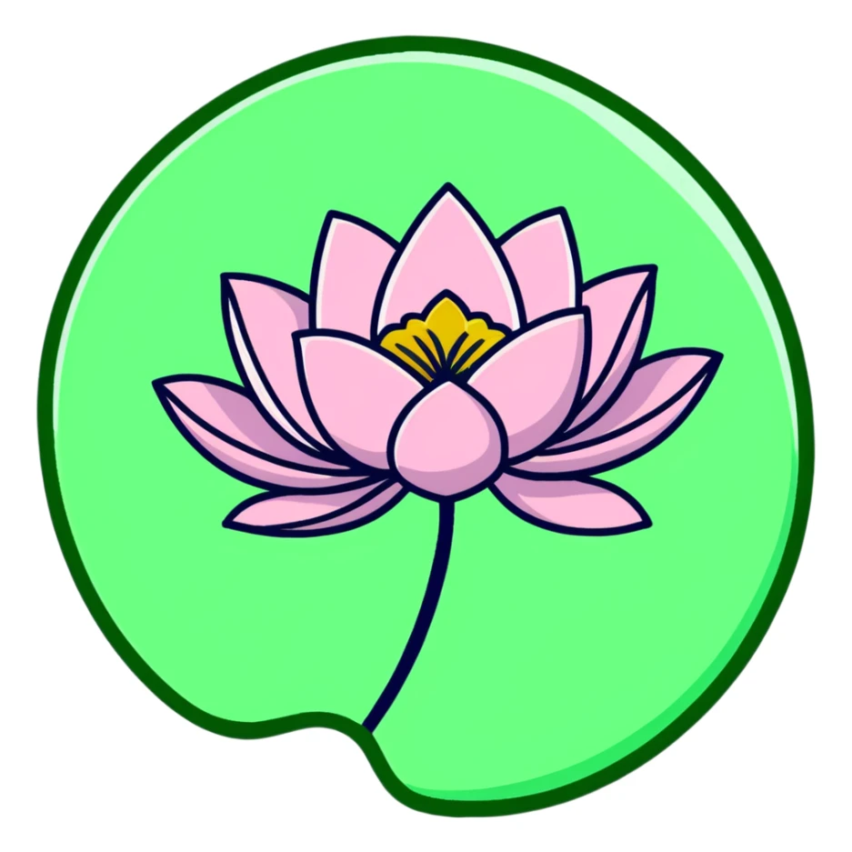 Decorative pink lotus flower with stylized petals, floating on circular green pad with ripples in water sticker
