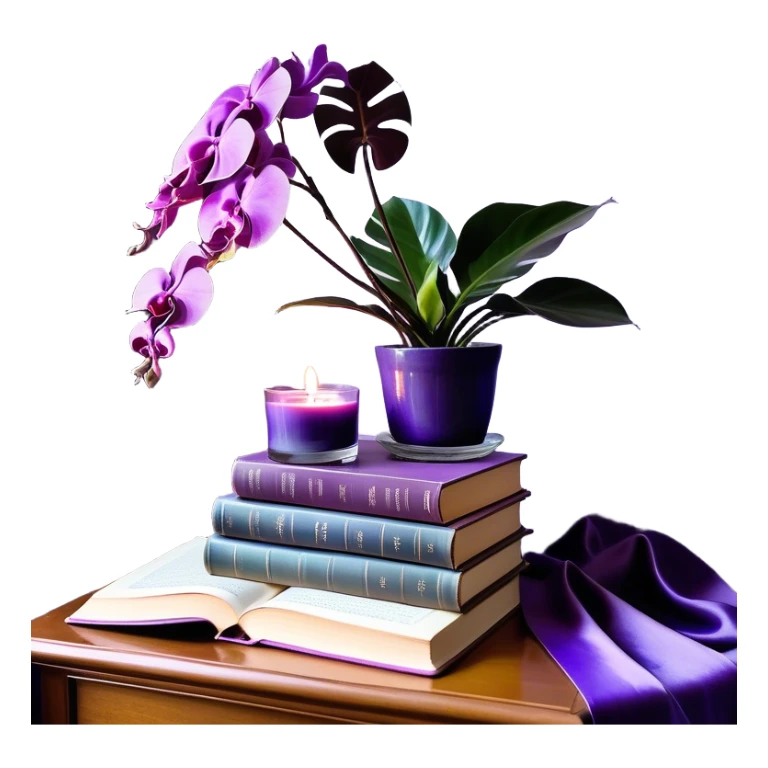 An elegant still life composition featuring a carefully arranged stack of books in shades of light and dark violet, their covers slightly worn, hinting at wisdom and time. A gracefully potted monstera plant with lavender-colored leaves extends its delicate, sculptural foliage. A glass candle holder in a rich purple orchid hue sits nearby, its surface reflecting ambient light. To complete the scene, a silky mauve ribbon drapes over the books, and a subtle lilac-hued ceramic vase holds a single dried flower, enhancing the refined and serene atmosphere. sticker